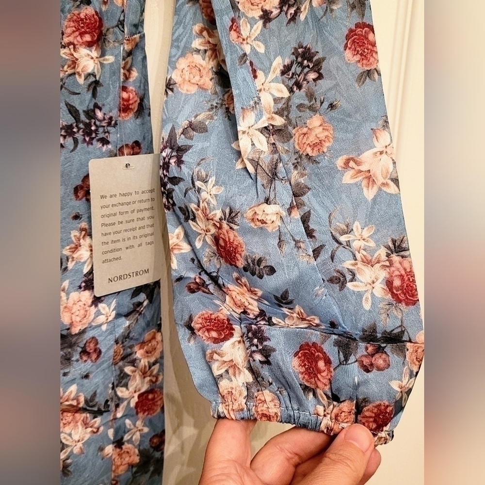 NSR Heidi Dress Floral Blue Sky Ruched Slit Large - Picture 6 of 10